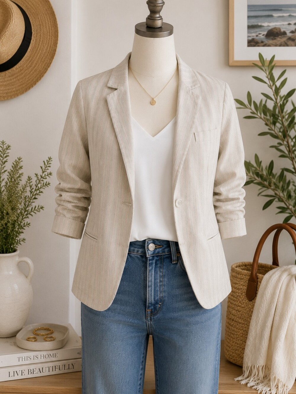 Sunset Cove Women's Pinstripe Cotton Blazer Jacket Beige Pink Stripe Size S